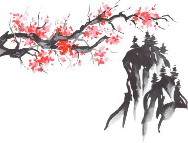 Geleneksel Japon sumi tablosu. Fuji dağı, sakura, gün batımı. Japon güneşi. Hint mürekkebi çizimi. Japonca resim