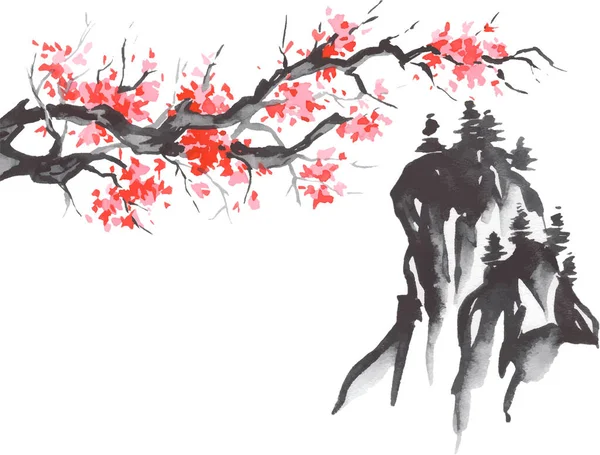 Geleneksel Japon sumi tablosu. Fuji dağı, sakura, gün batımı. Japon güneşi. Hint mürekkebi çizimi. Japonca resim