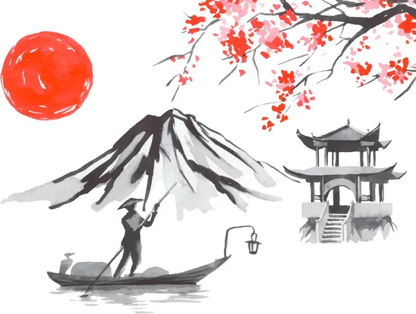Japan Traditionele Sumi Schilderij Fuji Berg Sakura Zonsondergang Japanse Zon — Stockvector