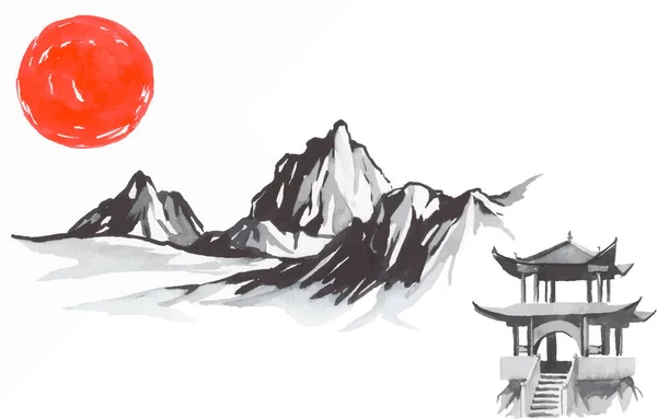 日本の伝統的な墨絵 富士山 日本の太陽 インドのインクイラスト 日本画 — ストックベクタ