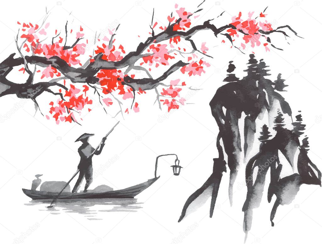 Japan traditional sumi-e painting. Fuji mountain, sakura, sunset. Japan sun. Indian ink illustration. Japanese picture