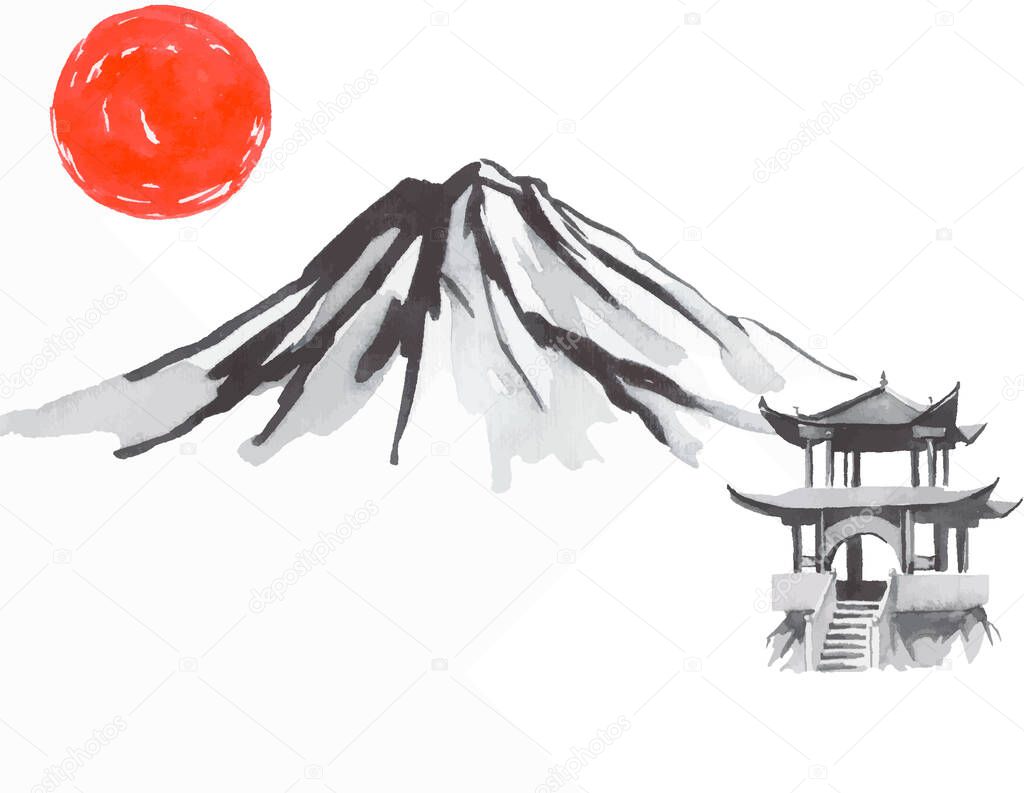 Japan traditional sumi-e painting. Fuji mountain, sakura, sunset. Japan sun. Indian ink illustration. Japanese picture
