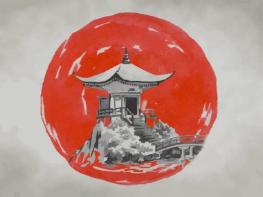 Geleneksel Japon sumi tablosu. Fuji dağı, sakura, gün batımı. Japon güneşi. Hint mürekkebi çizimi. Japonca resim