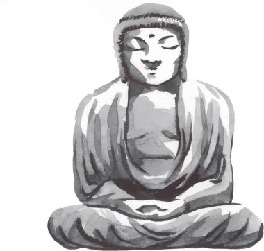 Geleneksel Japon sumi tablosu. Fuji dağı, keşiş, günbatımı. Japon güneşi. Hint mürekkebi çizimi. Japon resmi pirinç kağıdında. Vektör çizimi.