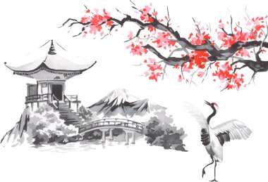 Geleneksel Japon sumi tablosu. Fuji dağı, sakura, gün batımı. Japon güneşi. Hint mürekkep vektör çizimi. Japonca resim.