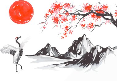 Geleneksel Japon sumi tablosu. Fuji dağı, sakura, gün batımı. Japon güneşi. Hint mürekkep vektör çizimi. Japonca resim.