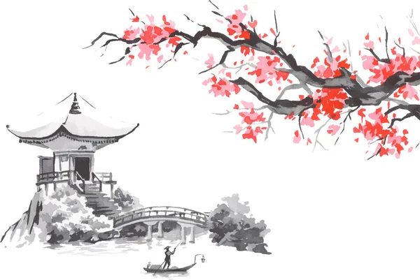 Geleneksel Japon sumi tablosu. Fuji dağı, sakura, gün batımı. Japon güneşi. Hint mürekkep vektör çizimi. Japonca resim.