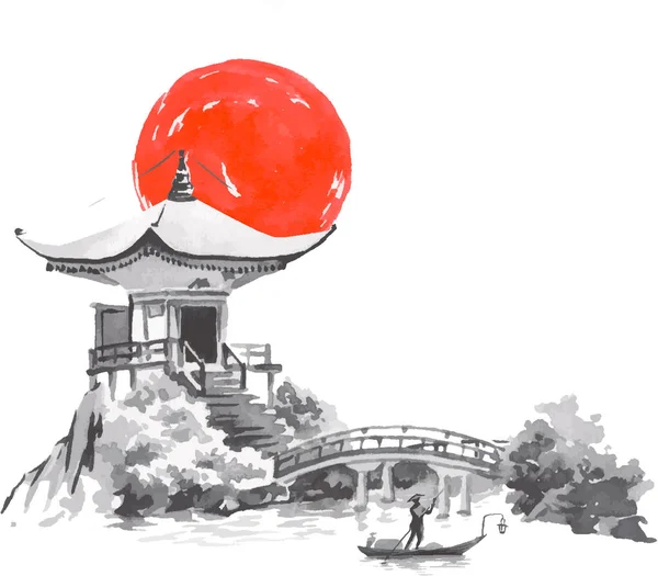 Japão pintura tradicional sumi-e. Montanha Fuji, sakura, pôr-do-sol. Sol do Japão. Ilustração do vetor de tinta indiano. Imagem japonesa. — Vetor de Stock