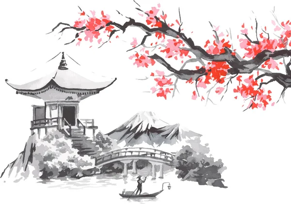 Geleneksel Japon sumi tablosu. Fuji dağı, sakura, gün batımı. Japon güneşi. Hint mürekkep vektör çizimi. Japonca resim.