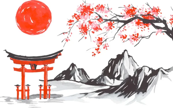 Geleneksel Japon sumi tablosu. Fuji dağı, sakura, gün batımı. Japon güneşi. Hint mürekkep vektör çizimi. Japonca resim.