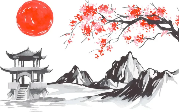 Geleneksel Japon sumi tablosu. Fuji dağı, sakura, gün batımı. Japon güneşi. Hint mürekkep vektör çizimi. Japonca resim.