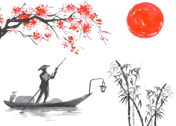 Japón tradicional sumi-e pintura. Montaña Fuji, sakura, puesta de sol. Japón sol. Ilustración vectorial de tinta india. Imagen japonesa. — Vector de stock