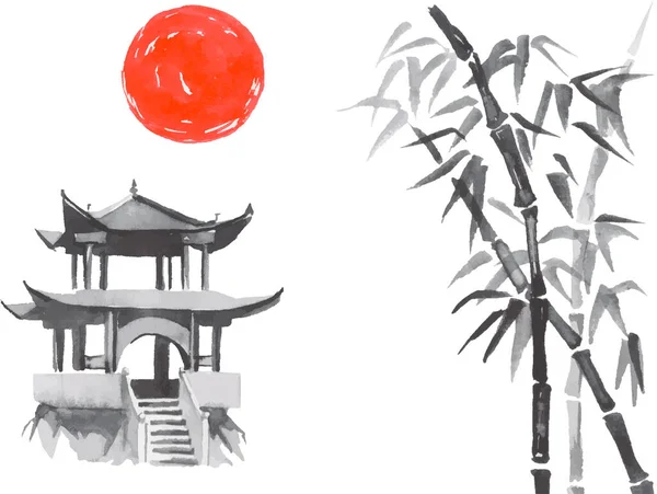 Japan traditionele sumi-e schilderij. Fuji berg, sakura, zonsondergang. Japanse zon. Indische inkt vector illustratie. Japanse foto. — Stockvector