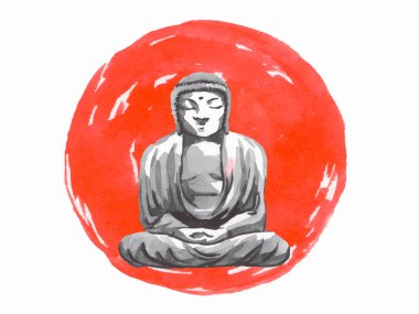 Geleneksel Japon sumi tablosu. Tapınak. Fuji dağı, sakura, gün batımı. Japon güneşi. Hint mürekkebi çizimi. Japonca resim.