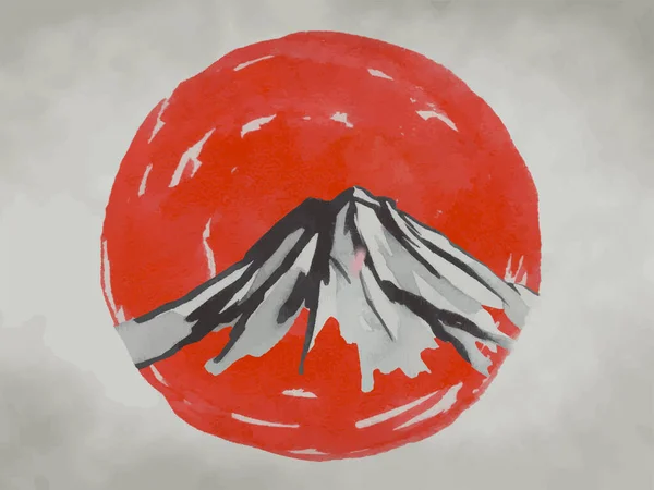 Geleneksel Japon sumi tablosu. Fuji dağı, sakura, gün batımı. Japon güneşi. Hint mürekkebi çizimi. Japon resmi pirinç kağıdında. Vektör çizimi. — Stok Vektör