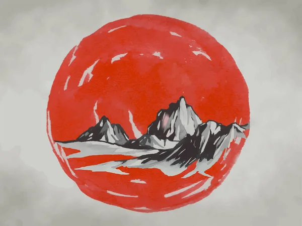 Japón tradicional sumi-e pintura. Montaña Fuji, sakura, puesta de sol. Japón sol. Ilustración de tinta india. Imagen japonesa sobre papel de arroz. Dibujo vectorial. — Vector de stock