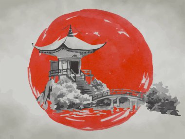 Geleneksel Japon sumi tablosu. Fuji dağı, sakura, gün batımı. Japon güneşi. Hint mürekkebi çizimi. Japon resmi pirinç kağıdında. Vektör çizimi.
