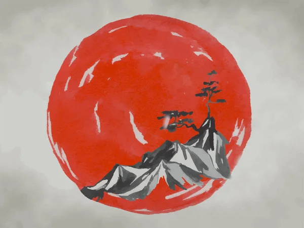 Японская традиционная суми-э живопись. Фудзи гора, сакура, закат. Солнце Японии. Индийская иллюстрация чернил. Японское фото на рисовой бумаге. Векторный рисунок. — стоковый вектор