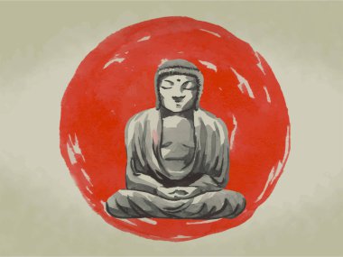 Geleneksel Japon sumi tablosu. Fuji dağı, sakura, gün batımı. Japon güneşi. Hint mürekkebi çizimi. Japon resmi pirinç kağıdında. Vektör çizimi.