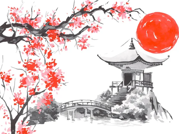 Japan traditionele sumi-e schilderij. Fuji berg, sakura, zonsondergang. Japanse zon. Indische inkt vector illustratie. Japanse foto. — Stockvector