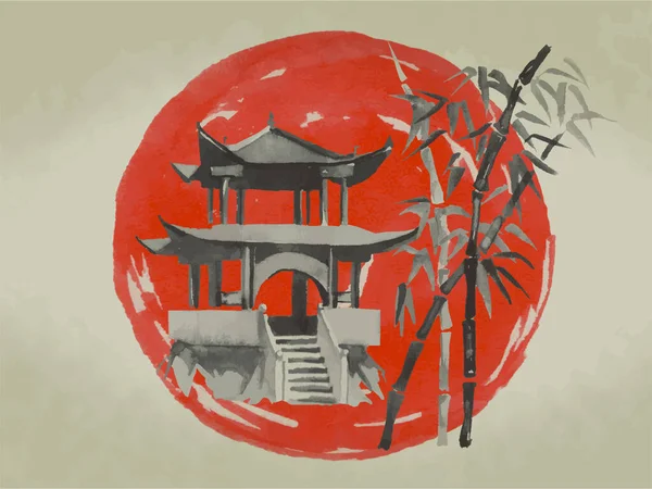 日本の伝統的な墨絵。富士山、桜、夕日。日本の太陽。インドのインクイラスト。日本のお米の絵。ベクトル図. — ストックベクタ