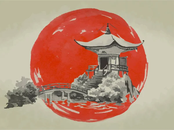 日本の伝統的な墨絵。富士山、桜、夕日。日本の太陽。インドのインクイラスト。日本のお米の絵。ベクトル図. — ストックベクタ