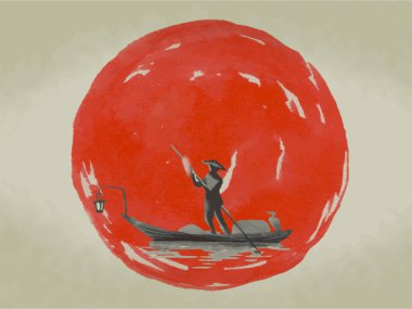 Geleneksel Japon sumi tablosu. Fuji dağı, sakura, gün batımı. Japon güneşi. Hint mürekkebi çizimi. Japon resmi pirinç kağıdında. Vektör çizimi.