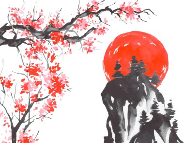 Geleneksel Japon sumi tablosu. Fuji dağı, sakura, gün batımı. Japon güneşi. Hint mürekkep vektör çizimi. Japonca resim.