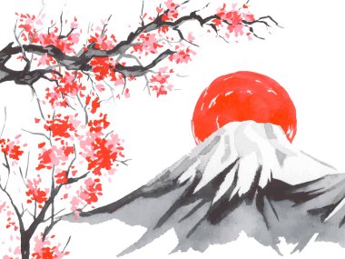 Geleneksel Japon sumi tablosu. Fuji dağı, sakura, gün batımı. Japon güneşi. Hint mürekkep vektör çizimi. Japonca resim.