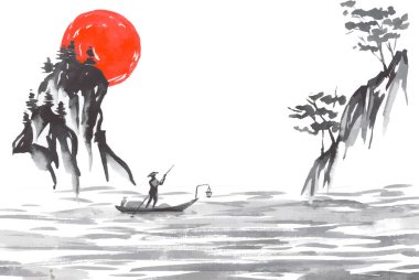 Geleneksel Japon sumi tablosu. Fuji dağı, sakura, gün batımı. Japon güneşi. Hint mürekkep vektör çizimi. Japonca resim.