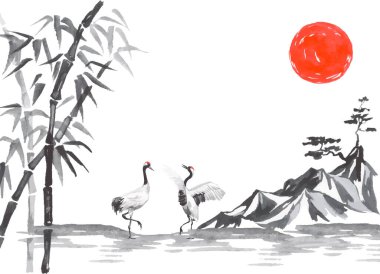 Geleneksel Japon sumi tablosu. Fuji dağı, sakura, gün batımı. Japon güneşi. Hint mürekkep vektör çizimi. Japonca resim.