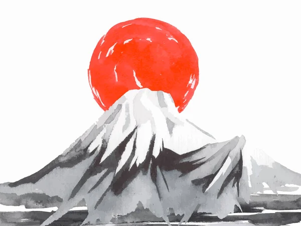 Japon peinture sumi-e traditionnelle. Montagne Fuji, sakura, coucher de soleil. Japon soleil. Illustration vectorielle encre de Chine. Photo japonaise. — Image vectorielle