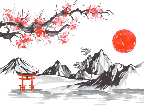 Японская традиционная суми-э живопись. Фудзи гора, сакура, закат. Солнце Японии. Индийская чернильная векторная иллюстрация. Фотография Японии. — стоковый вектор
