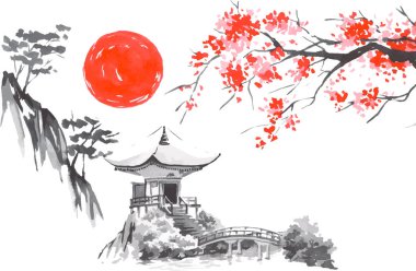 Geleneksel Japon sumi tablosu. Fuji dağı, sakura, gün batımı. Japon güneşi. Hint mürekkep vektör çizimi. Japonca resim.