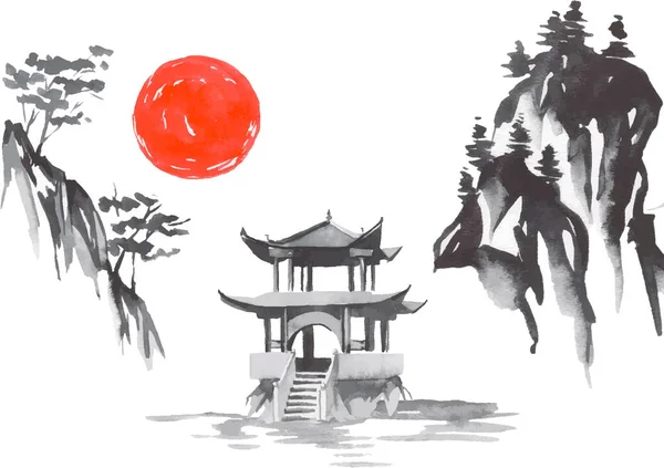 Japan traditionele sumi-e schilderij. Fuji berg, sakura, zonsondergang. Japanse zon. Indische inkt vector illustratie. Japanse foto. — Stockvector