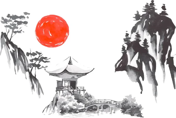 Ιαπωνία παραδοσιακή ζωγραφική sumi-e. Φούτζι Μάουντεν, Σακούρα, Σάνσετ. Ιαπωνικό ήλιο. Ινδική απεικόνιση διάνυσμα μελάνι. Ιαπωνική εικόνα. — Διανυσματικό Αρχείο