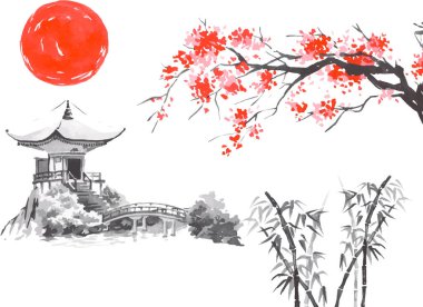 Geleneksel Japon sumi tablosu. Fuji dağı, sakura, gün batımı. Japon güneşi. Hint mürekkep vektör çizimi. Japonca resim.