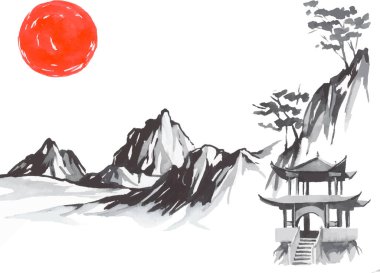 Geleneksel Japon sumi tablosu. Fuji dağı, sakura, gün batımı. Japon güneşi. Hint mürekkep vektör çizimi. Japonca resim.