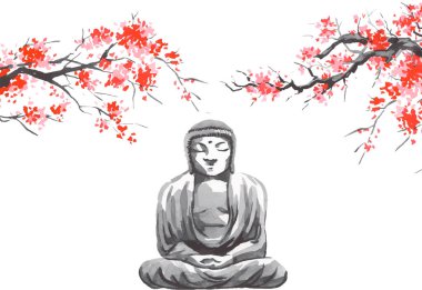 Geleneksel Japon sumi tablosu. Fuji dağı, sakura, gün batımı. Japon güneşi. Hint mürekkep vektör çizimi. Japonca resim.