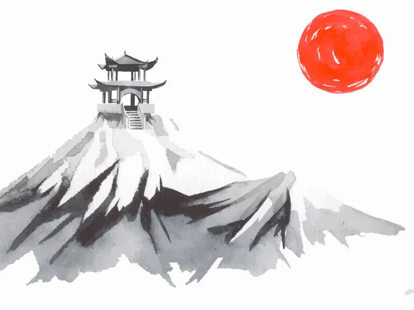 Japon peinture sumi-e traditionnelle. Montagne Fuji, sakura, coucher de soleil. Japon soleil. Illustration vectorielle encre de Chine. Photo japonaise. — Image vectorielle