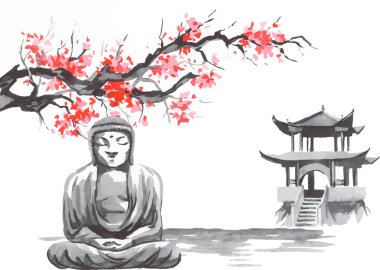 Geleneksel Japon sumi tablosu. Fuji dağı, sakura, gün batımı. Japon güneşi. Hint mürekkep vektör çizimi. Japonca resim.