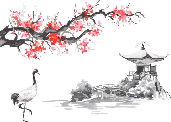 Japanische traditionelle Sumi-e-Malerei. Fuji-Berg, Sakura, Sonnenuntergang. Japans Sonne. Indische Tintenvektorillustration. Japanisches Bild. — Stockvektor