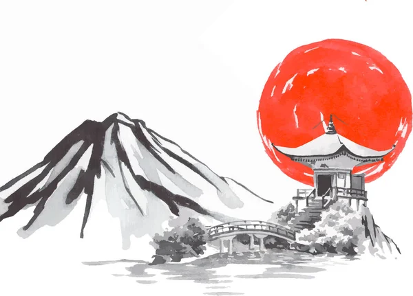 Japon peinture sumi-e traditionnelle. Montagne Fuji, sakura, temple, coucher de soleil. Japon soleil. Illustration vectorielle encre de Chine. Photo japonaise. — Image vectorielle