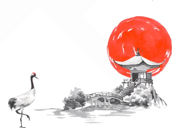 日本传统的相扑绘画。富士山，樱花，庙宇，日落。日本阳光。印度油墨矢量图解。日本图片. — 图库矢量图片#