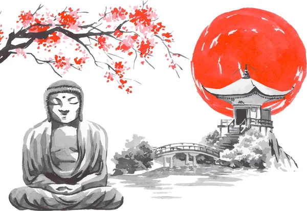 Japan traditionele sumi-e schilderij. Fuji berg, sakura, tempel, zonsondergang. Japanse zon. Indische inkt vector illustratie. Japanse foto. — Stockvector