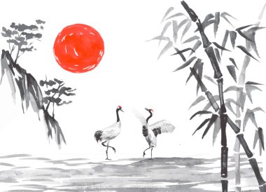 Geleneksel Japon sumi tablosu. Fuji dağı, sakura, gün batımı. Japon güneşi. Hint mürekkep vektör çizimi. Japonca resim.