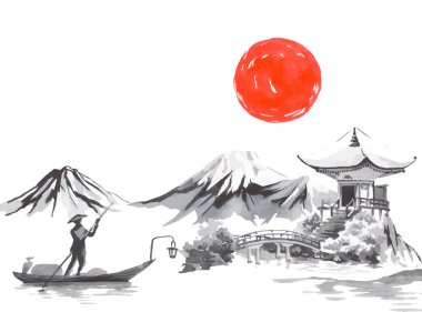 Geleneksel Japon sumi tablosu. Fuji dağı, sakura, gün batımı. Japon güneşi. Hint mürekkep vektör çizimi. Japon filmi. Balıkçı