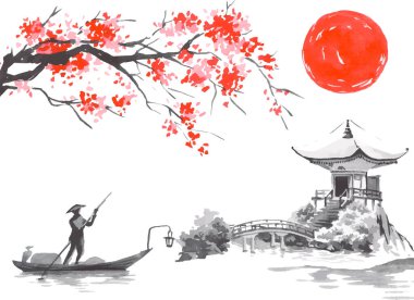 Geleneksel Japon sumi tablosu. Fuji dağı, sakura, gün batımı. Japon güneşi. Hint mürekkep vektör çizimi. Japon filmi. Balıkçı