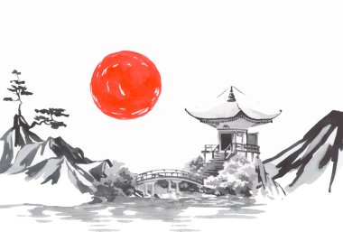 Geleneksel Japon sumi tablosu. Fuji dağı, sakura, gün batımı. Japon güneşi. Hint mürekkep vektör çizimi. Japonca resim.