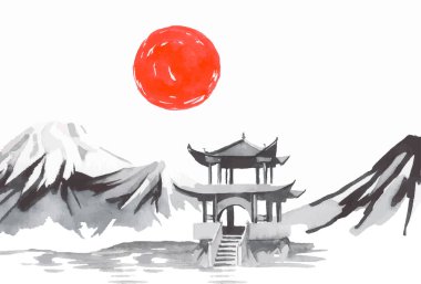 Geleneksel Japon sumi tablosu. Fuji dağı, sakura, gün batımı. Japon güneşi. Hint mürekkep vektör çizimi. Japonca resim.